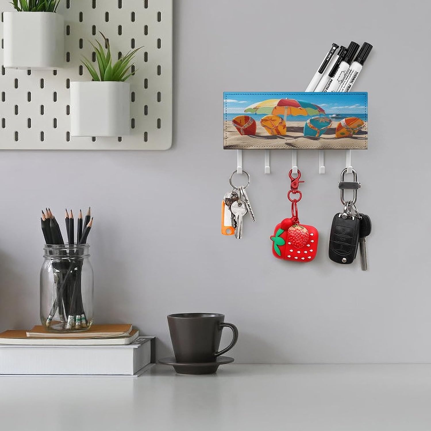 PU Leather Key Holder Wall Mount Key Organizer, Decorative Adhesive Key Rack with 5 Key Hooks, Fashion Beach Colorful Flip Flops Key Hanger Decor for Entryway Door Bathroom Kitchen Hallway