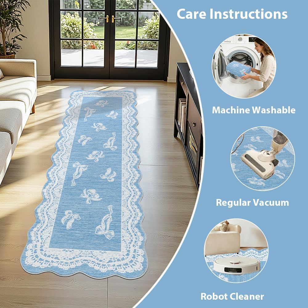 ORTIGIA Blue Scalloped Runner Rug 2x6, Washable Low Pile Non Slip Bathroom Rug with Bow for Hallway Bath Kitchen Bedroom Dorm Living Room Home Indoor Decor