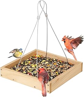 TT Nature Platform Bird Feeder for Outdoor, Eco-Friendly Wood Hanging Tray Bird Feeders，Durable and Stable Great for Hanging Wild Birdfeeder Trays in Garden Outside