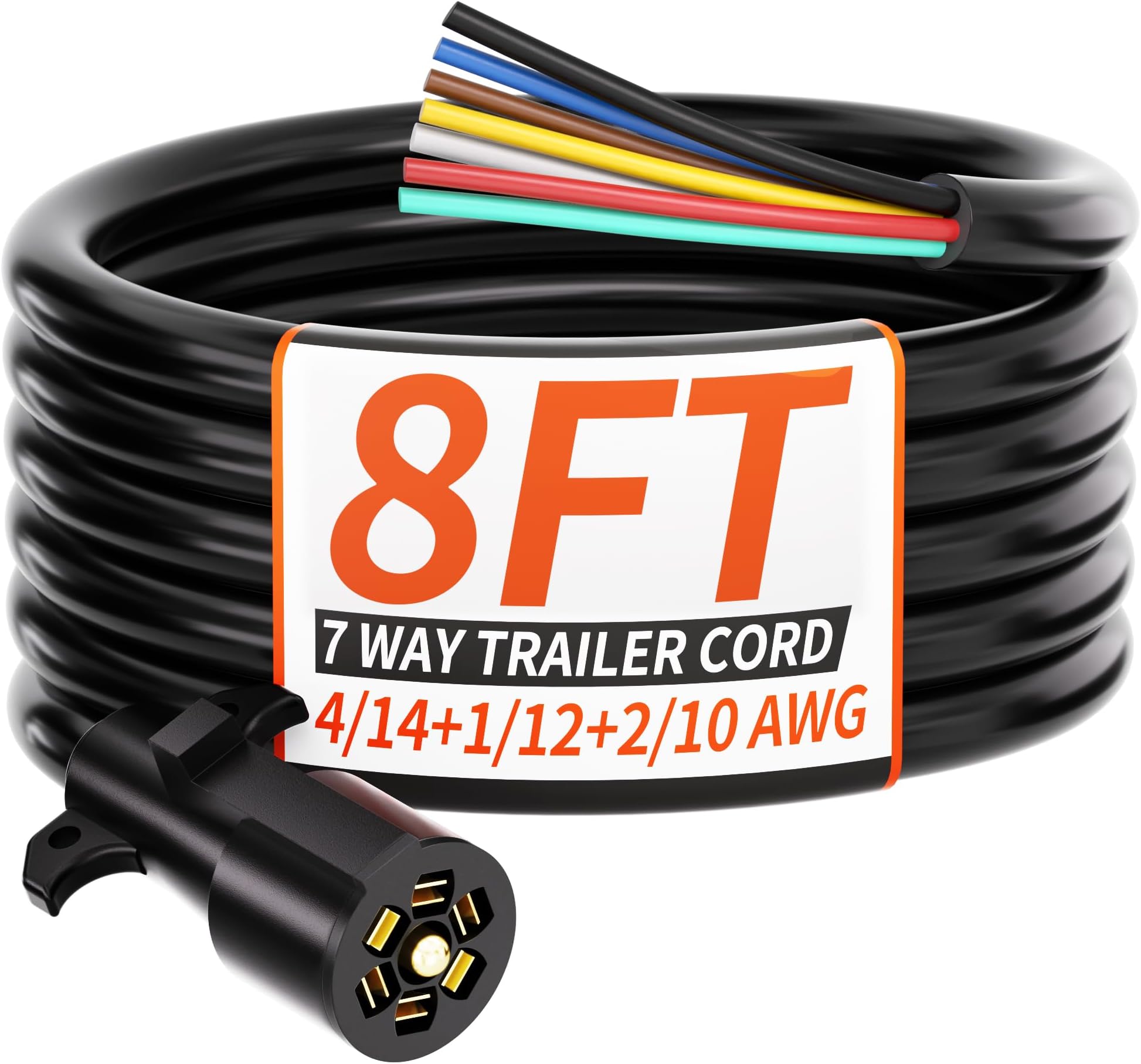 PlugSaf 8FT 7 Way Trailer Plug Heavy Duty 8 FT 4/14+1/12+2/10 AWG 7 Pin Trailer Wiring Harness Cord for Trailers, Campers, Food Trucks, Dining Trucks, Caravans, RVs and Other Towing Vehicles