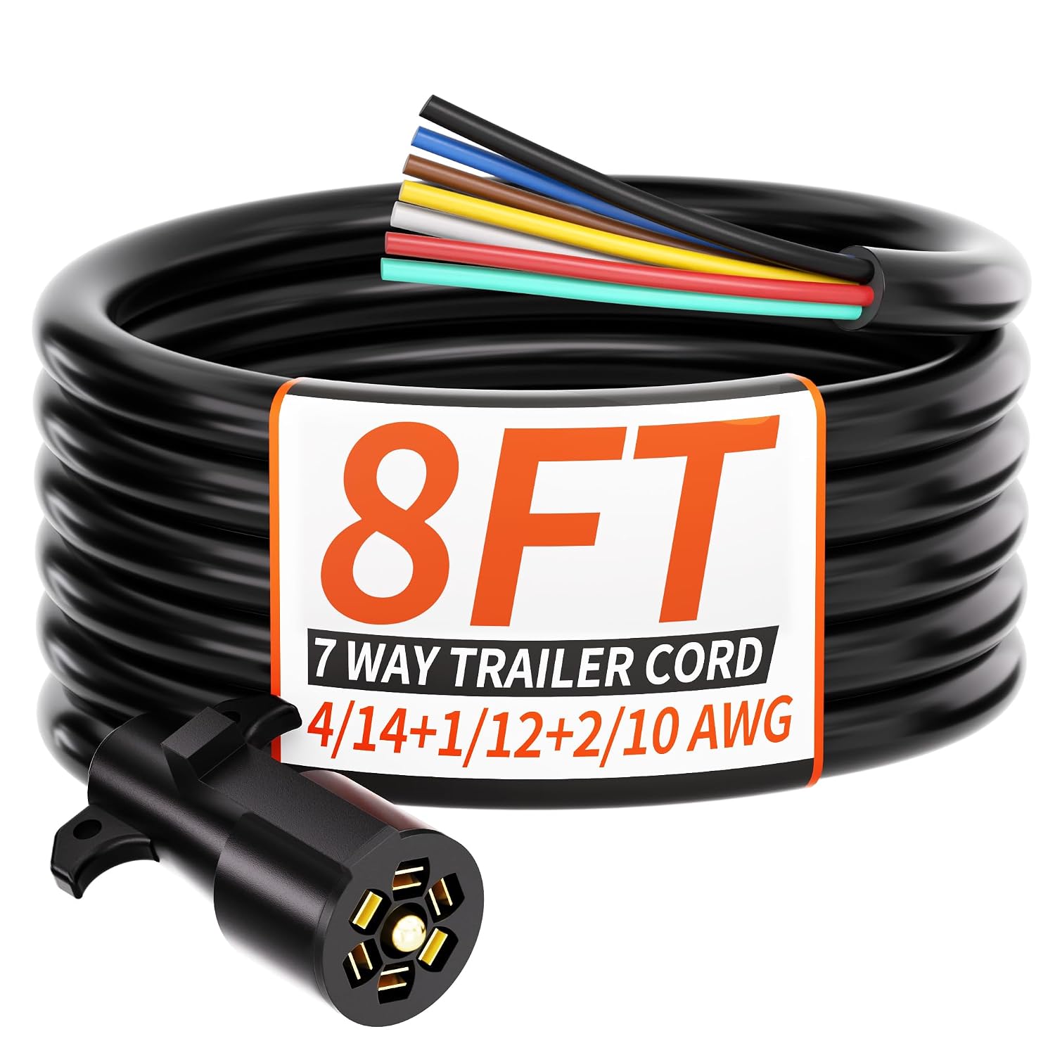 PlugSaf 8 FT 7 Way Trailer Plug Heavy Duty Cord 4/14+1/12+2/10 AWG 7 Pin Trailer Wiring Harness Cord, Plug-and-Play, Suitable for Trailers, Food Trucks, Campers, RVs, and Other Towed Vehicles