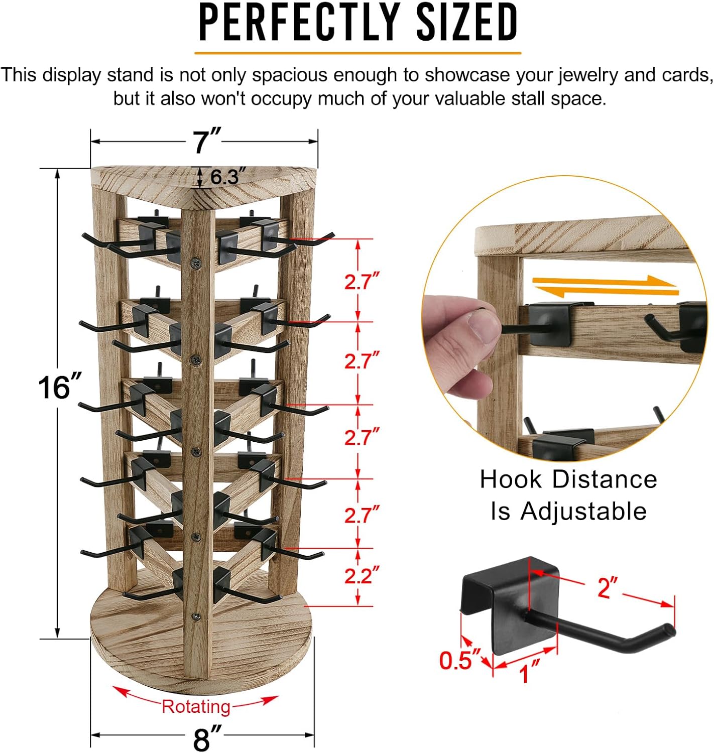 Wood Rotating Earring Display for Vendors, Wooden Jewelry Display for Vendors with 30 Removable Hooks 5 Tier Tabletop Necklace Display Stand Key Chain Display
