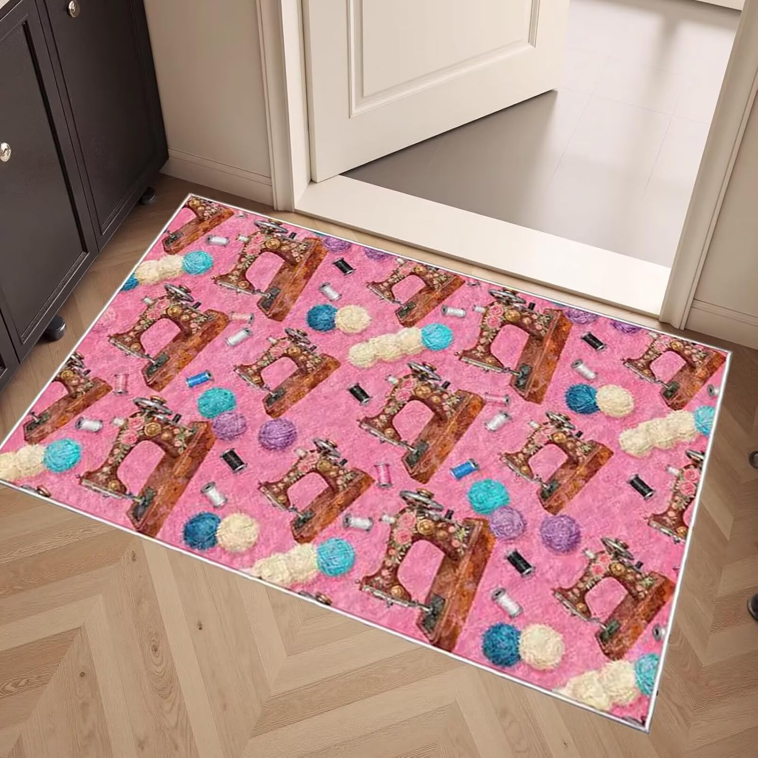 Pink Sewing Machine Themed Craft Room Rugs 2ftx3ft Colorful Sewing Equipment Accessories Print Area Rug for Bathroom Hallway Washable Non-Slip Fun Welcome Doormats