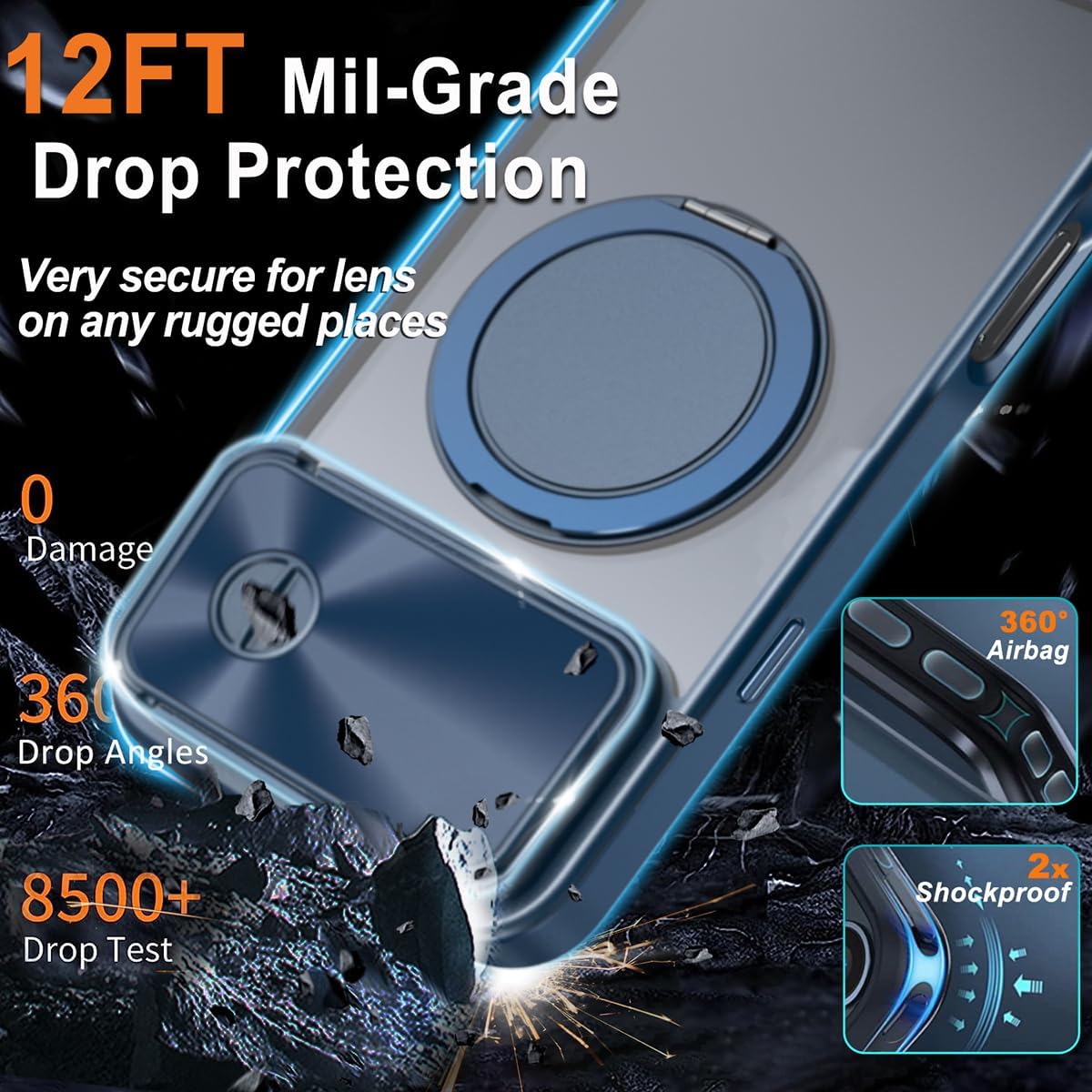 360° Rotatable Magnetic Ring for iPhone 16 Pro Max Case with Stand Sliding Camera Lens Cover, with 2 Screen Protectors Matte Silicone Case for MagSafe iPhone 16 Pro Max 6.9” (Blue)