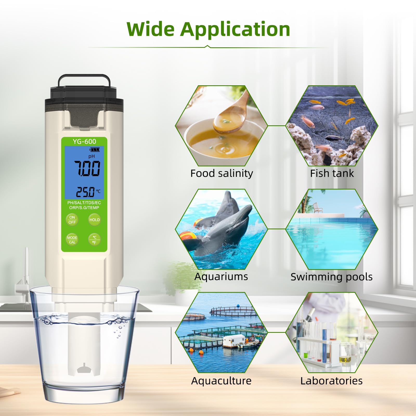 PH Messgerät Wasser， 7in1 Wassertester - pH, TDS, ORP, Salz, Temp - Ph Wert Messgerät Mit Atc，Salzgehalt pH Pool Messgerät für Pool, Aquarium，Hydroponik，Trinkwasser, Hotel, Badewanne & Küche