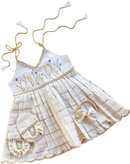 Picksparrow Baby Girl Naming Ceremony Ethnic Dress with Headband and Booties, Off-White and Gold (Embroidered and scallopped) Price In India