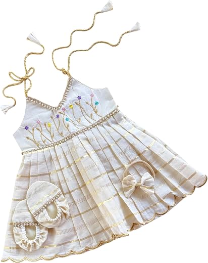 Picksparrow Baby Girl Naming Ceremony Ethnic Dress with Headband and Booties, Off-White and Gold (Embroidered and scallopped)