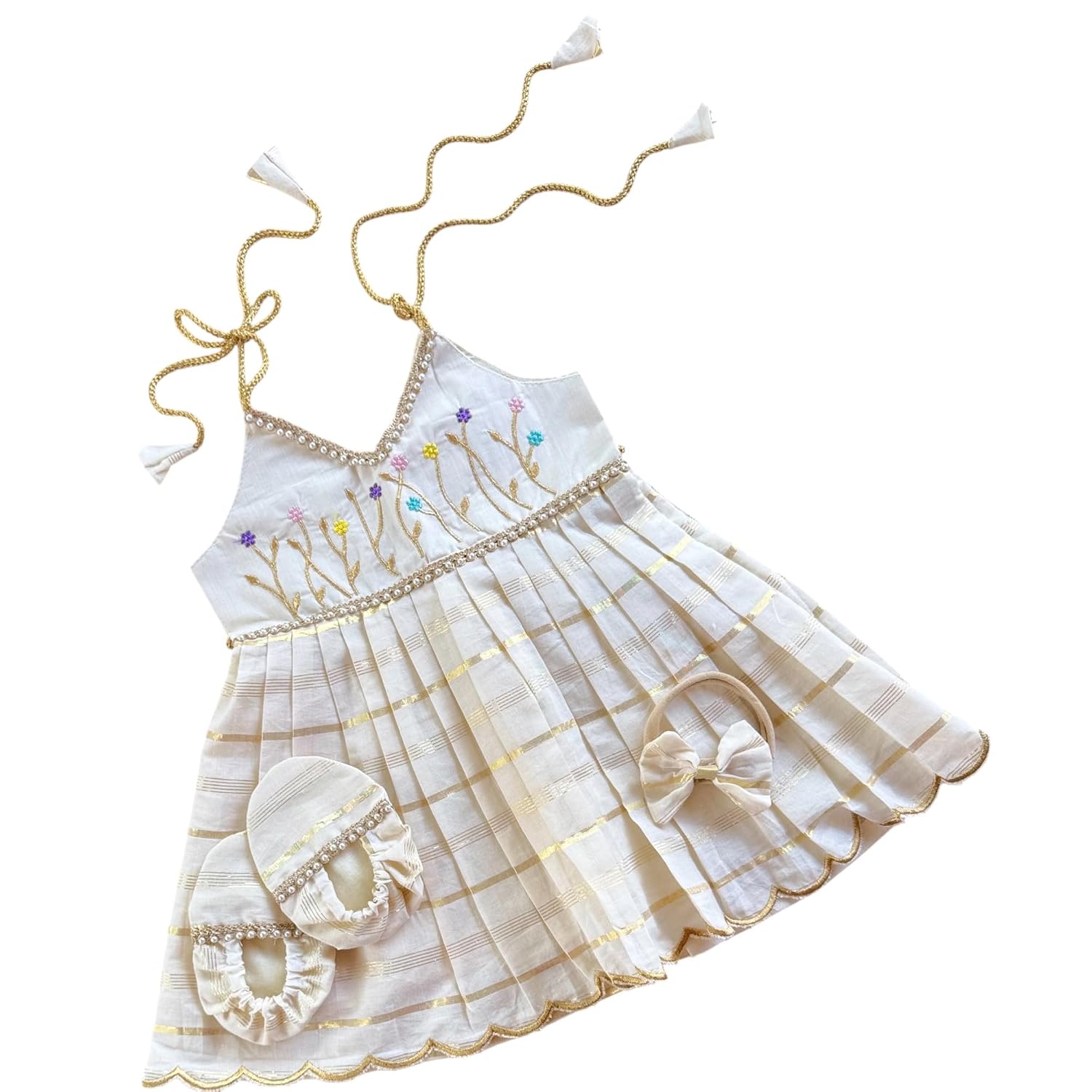 Picksparrow Baby Girl Naming Ceremony Ethnic Dress with Headband and Booties, Off-White and Gold (Embroidered and scallopped) - Review, Price and Buying Guide