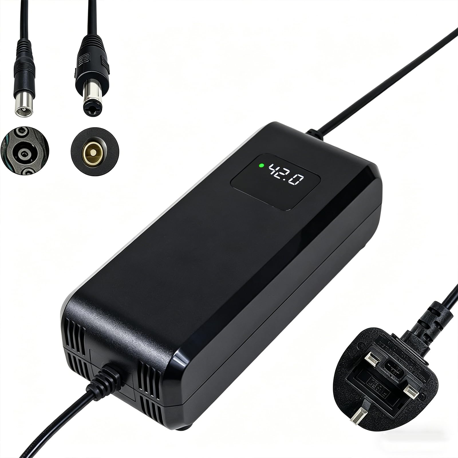 42V 5A scooter battery fast charger, for 36V lithium battery 10S*3.6V, with LED display and multiple protection, equipped with connectors (RCA 8mm, DC 5.5 * 2.1mm, GX12 9mm) (5.0, Amps)