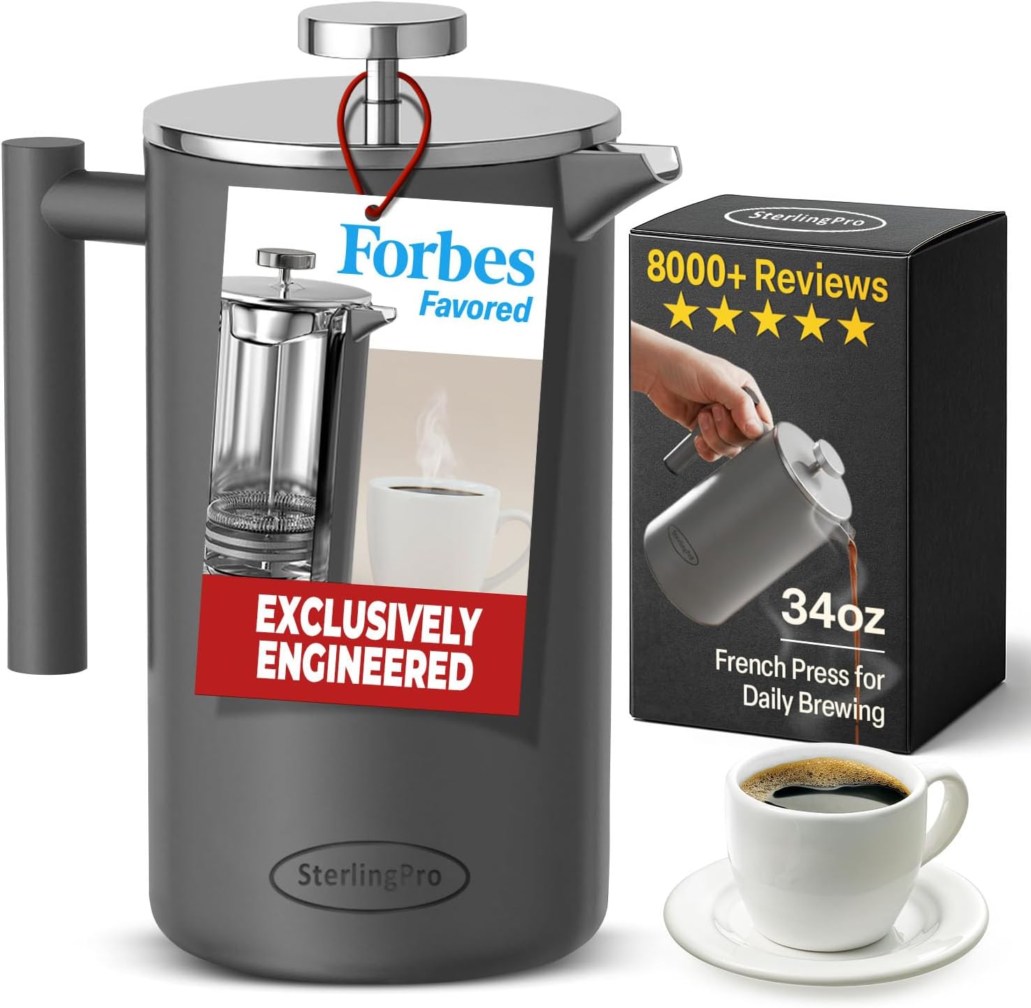 SterlingPro Stainless Steel French Press Coffee Maker 1.75 L (59 oz) Black – Double Walled Insulated Extra Large French Press, Durable Design Keeps Drinks Hot, Easy to Use and Clean for Rich Flavor