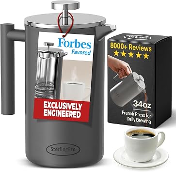 SterlingPro Non-Toxic Insulated Stainless Steel French Press Coffee Maker 34oz Insulated Metal Double Wall Coffee Maker | Plastic Free | Cool-Touch | Grey Finish | Makes up to 8 Cups / 4 Mugs
