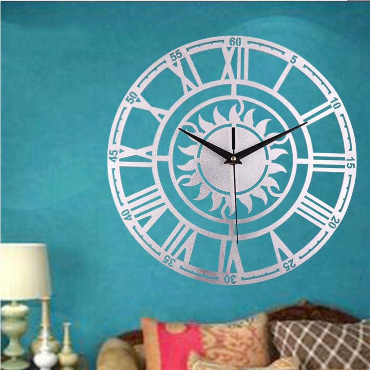 KRXSOBNV wall clock, European Style Retro Wall Clock Acrylic Round Sun Roman Three-Dimensional Number Decoration(Silver)