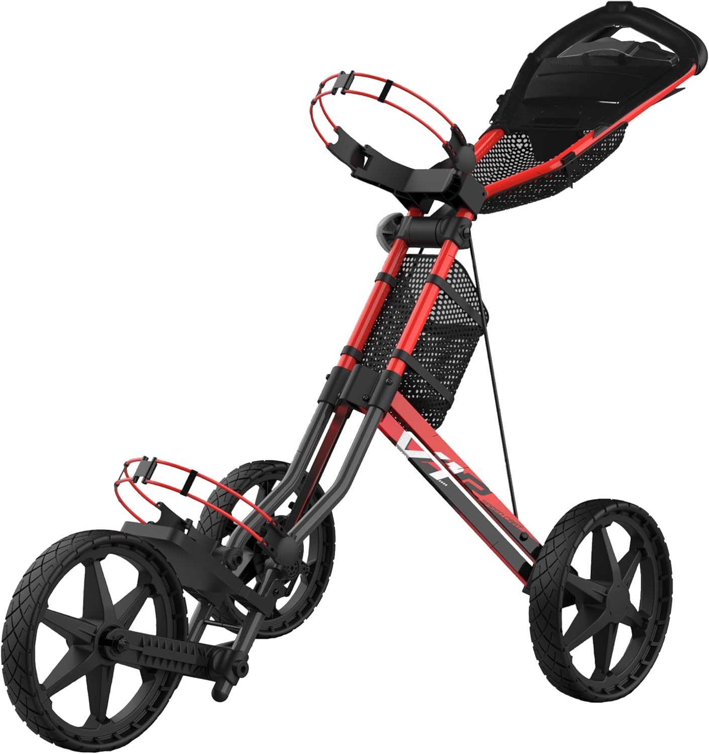Sun Mountain Speed Cart V1R 3-Wheel Golf Push Cart - Lightweight 17.6 LBS, Maintenance-Free Wheels, Dual Position Storage System, Black-Fire Red