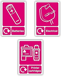 Pack of 3 Batteries, Electrical, Printer Cartridges Recycling Signs Self Adhesive Vinyl Stickers (105mm x 148mm)