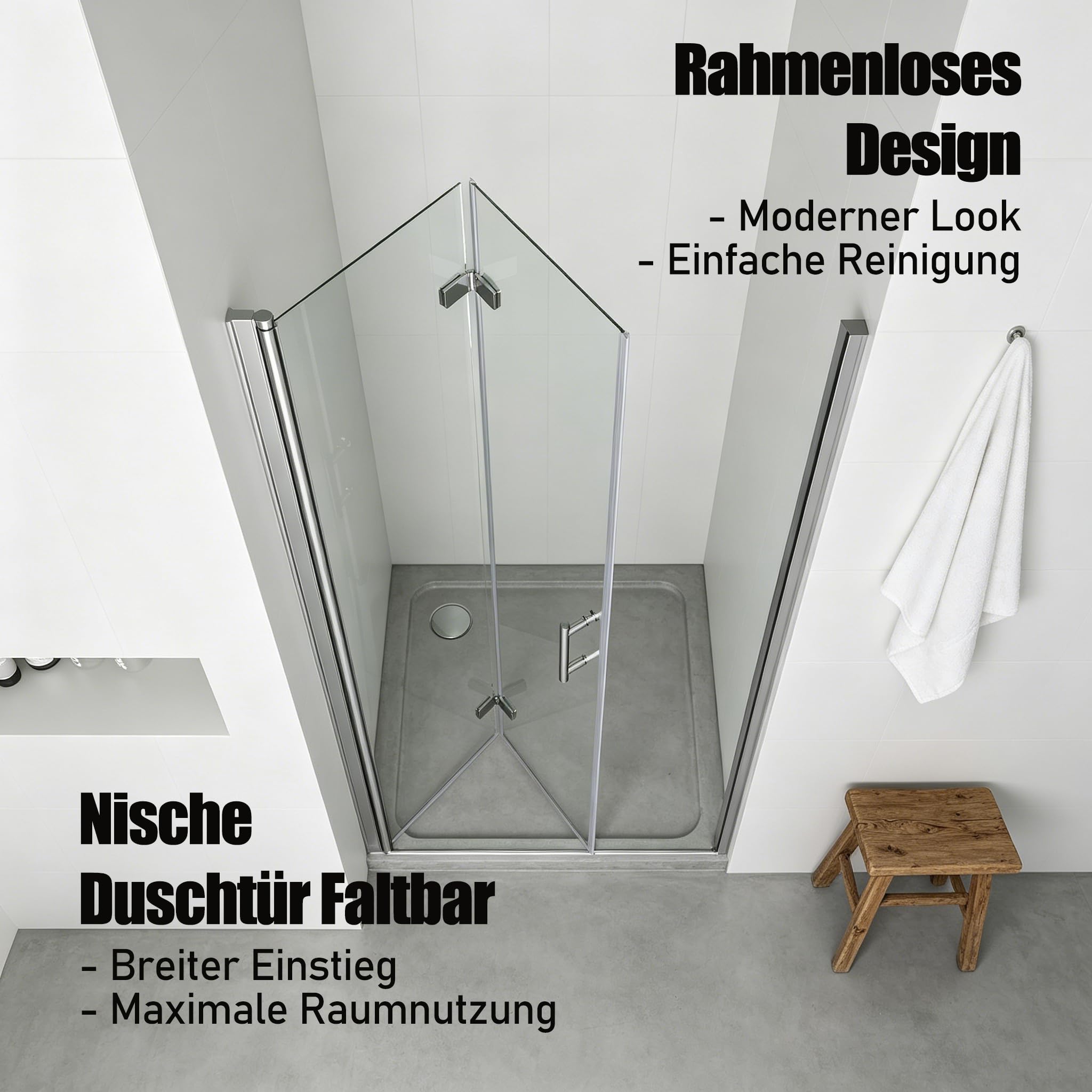 Nische Duschtür Faltbar 90 cm, Höhe: 195 cm, Verstellbereich 89–91 cm, Nischentür Dusche mit Falttür aus 6 mm ESG Nano-Glas, Duschabtrennung Faltbar, Rahmenlos Duschwand, ohne Duschtasse