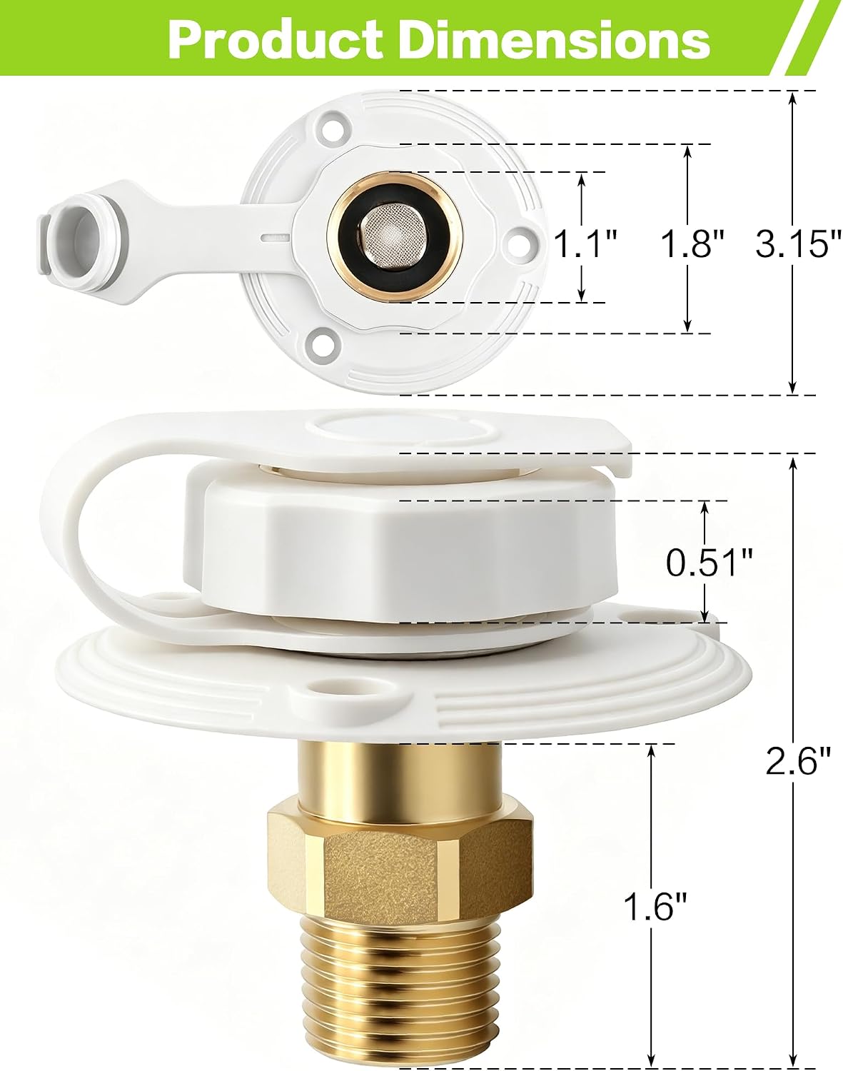 RV City Water Inlet Connection with Brass Threaded Check Valve, White Leak-Proof Fresh Water Fill Inlet Replacement Kit 3/4" NH Female to 1/2" NPT Male for Camper Trailer Motorhome Marine