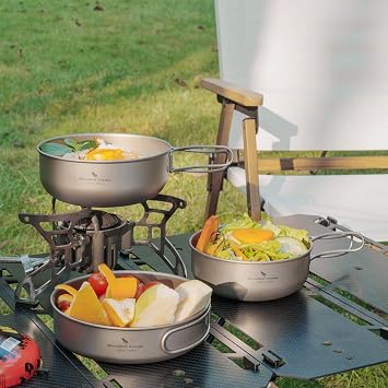 Camping Titanium Pots Set Titanium Bowl Set Outdoor Cookware Cooking Pan Pot with Folding-Handle Travel Kitchen Mess Kits Picnic Hiking Dishes ti2031c