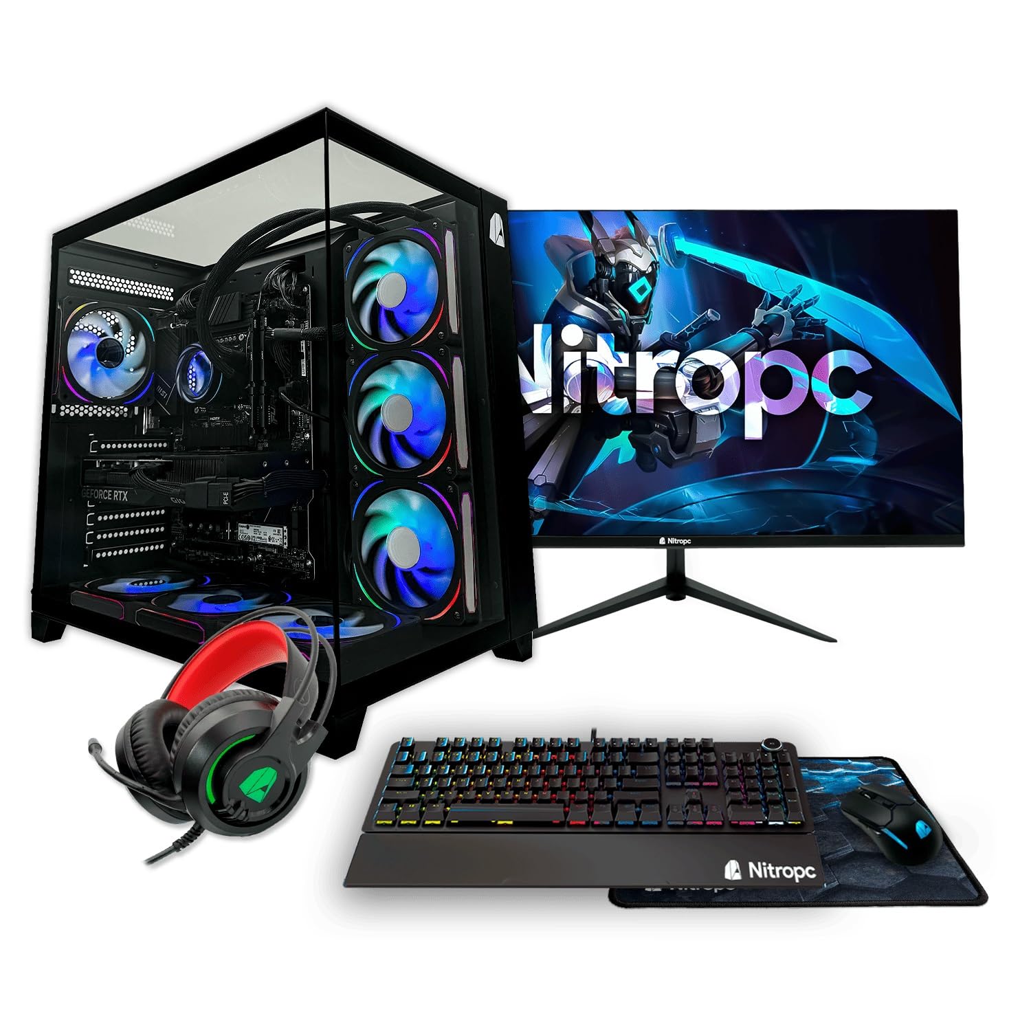 NitroPC - Pack Extrême | PC Gamer Complet (AMD Ryzen 7 5800X 3.8GHz, RTX 5060 8Go, 32Go RAM, M.2 1To, Windows 11 Pro, RGB | WiFi, écran 24", Clavier, Souris, Casque, Ordinateur Gaming (Noir)