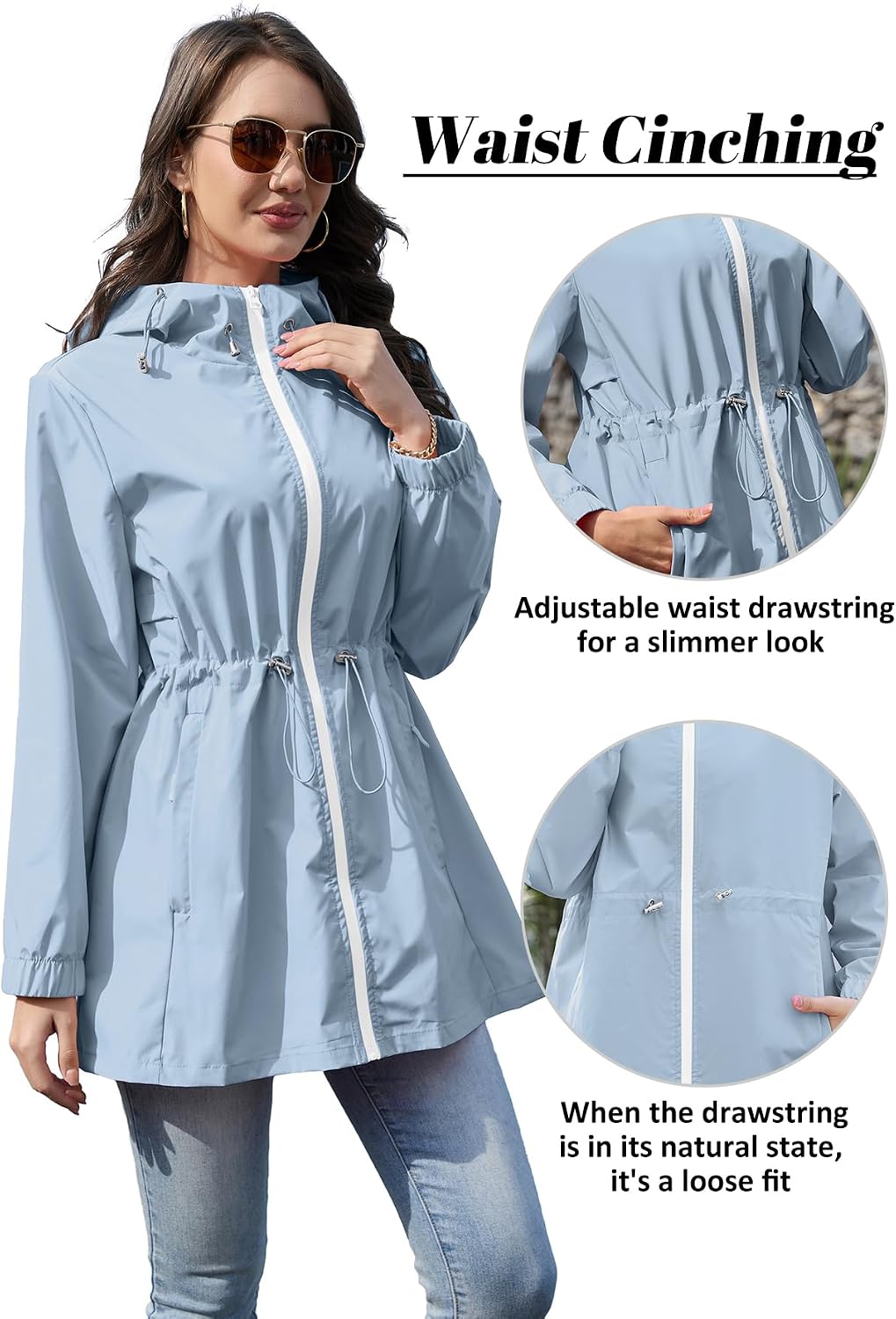 Zando Lightweight Rain Jacket Women Waterproof - Raincoat for Women Packable Womens Rain Jacket with Hood Outdoor Windbreaker Spring Fall Jackets Waist Cinch Travel Raincoats for Hiking Walking Blue L