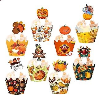 48 Pieces Thanksgiving Cupcake Toppers Cupcake Wrappers Kit Pumpkin Fall Cake Toppers for Harvest Day Autumn Cake Decoration(8 Style)