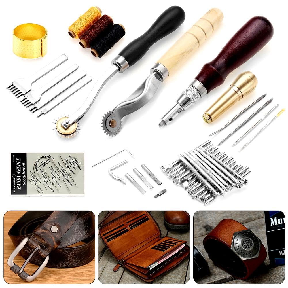 Groover - Kit de costura de cuero de 48 piezas, punzón de rueda de trazado, agujas de punzón de costura, hilo de cera, herramientas prácticas de artesanía de cuero para principiantes