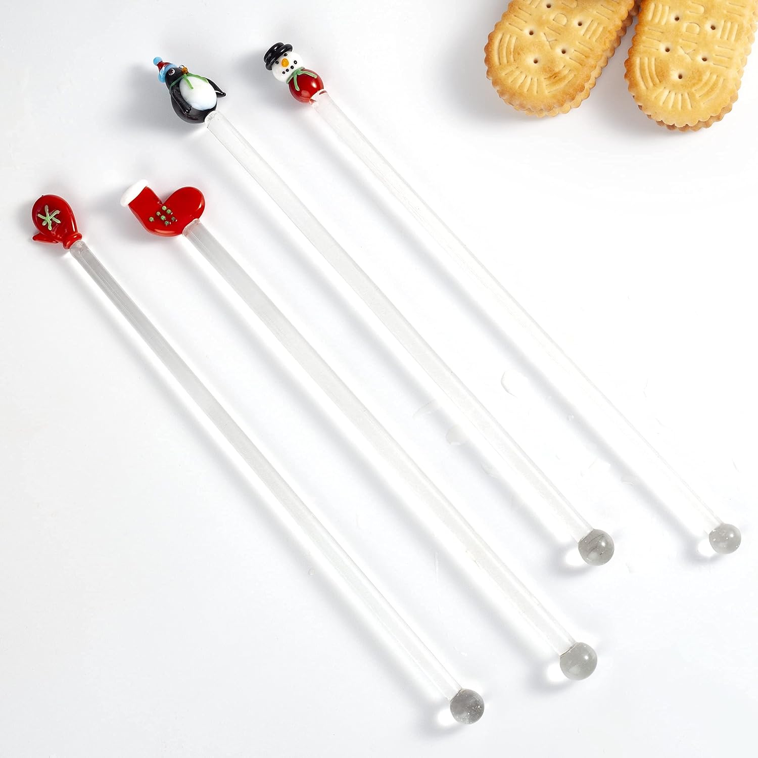Sonny Brook Hams, 4 Pieces Christmas Glass Swizzle Stick Mixing Cocktail Whiskey Drink Stir Sticks For Restaurant Bar Home Office (Snowman Series)