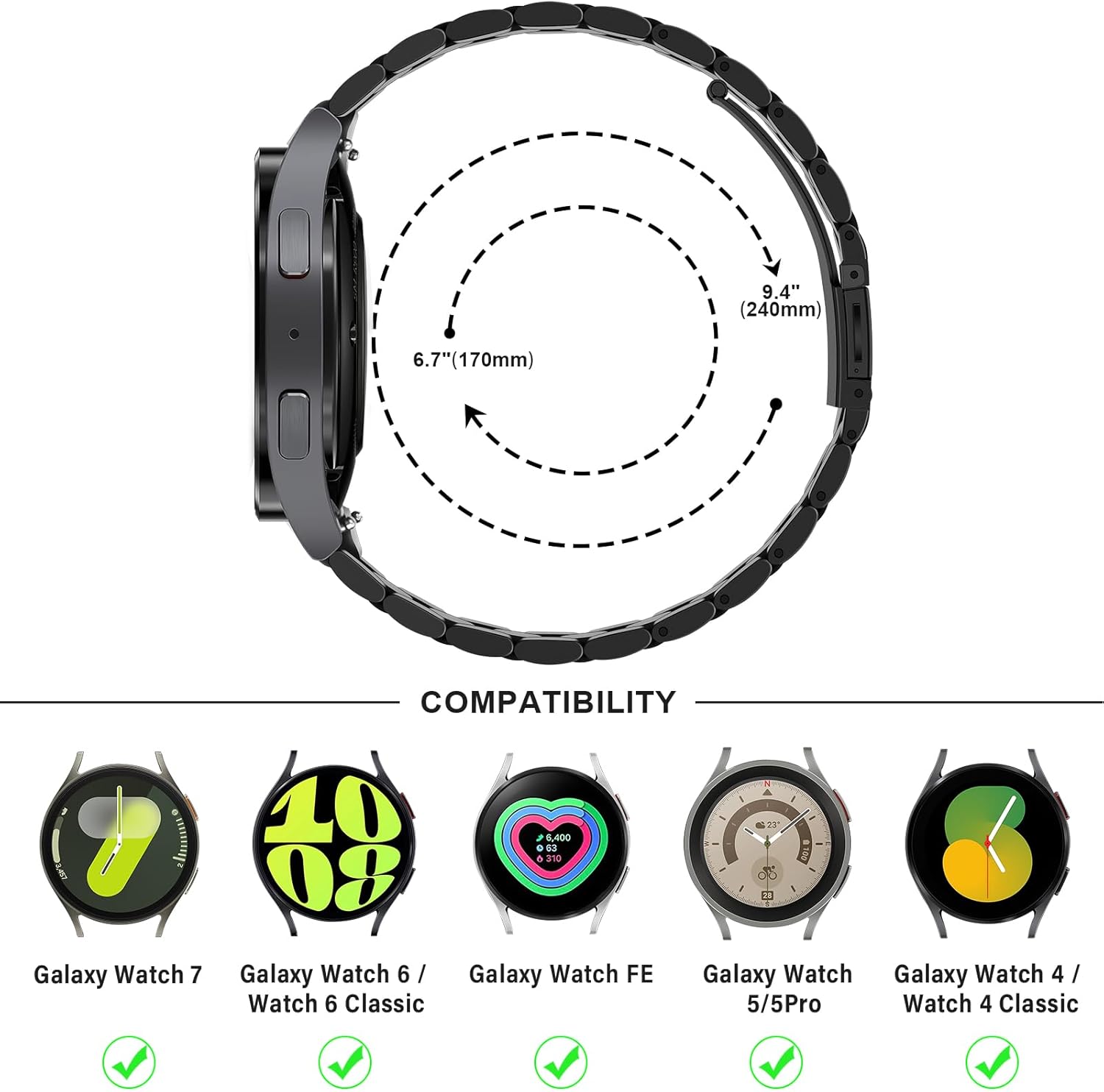 Anlinser No Gap Bands Compatible with Samsung Galaxy Watch 7/6/5/4/FE Band 44mm 40mm/Watch 6 Classic Band 47mm 43mm/Watch 5 Pro 45mm/Watch 4 Classic, 20mm Metal Strap for Women Men, Black - Image 5