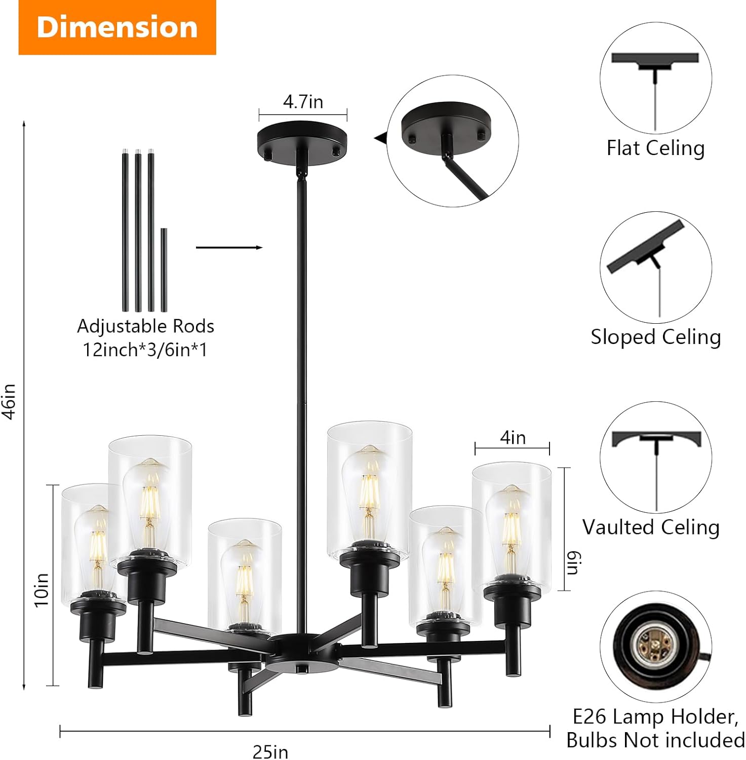 9MMML Farmhouse 6-Light Glass Chandelier, Modern Black Light Fixture for Kitchen Dining Room Over Table, Industrial Lighting for Living Room, Foyer, Entryway, E26 Bulb Base