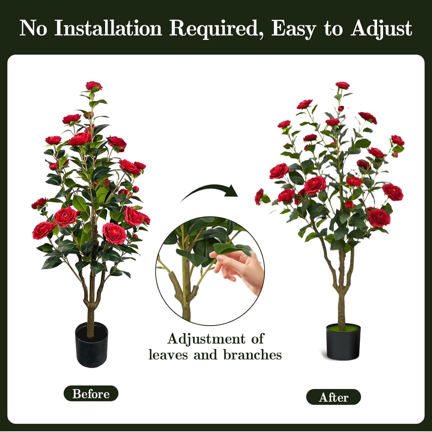 2 pzs Camelia Artificial 120 cm, con 24 Flores Rojas, Planta Camelia Artificial de Plástico, Planta en Maceta para Oficina Moderna, Hogar, Salón, Decoración de Pisos, Fácil de Mantener