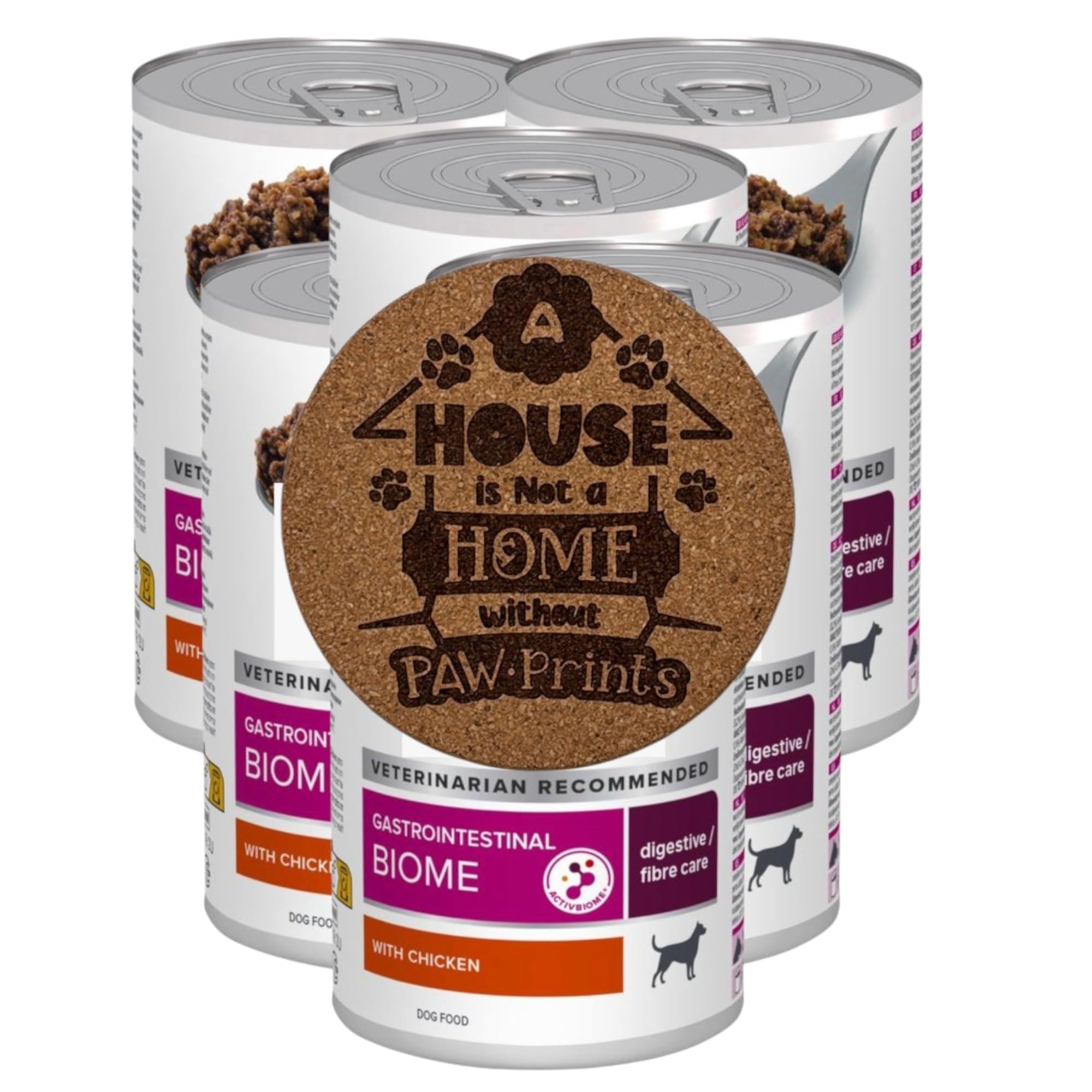 AETN Creations Gastrointestinal Biome Dog Food Bundle – 6x370g Wet Tins with Chicken + Dog-Themed AETN Coasters Digestive & Fibre Care for Adult Dogs