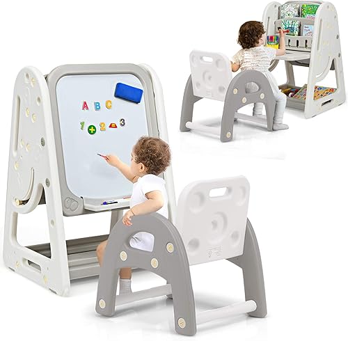 Miniatura 10 de Costzon Caballete de arte 3 en 1 para niños, pizarra magnética de borrado en seco de doble cara y estante para libros para niños con silla y