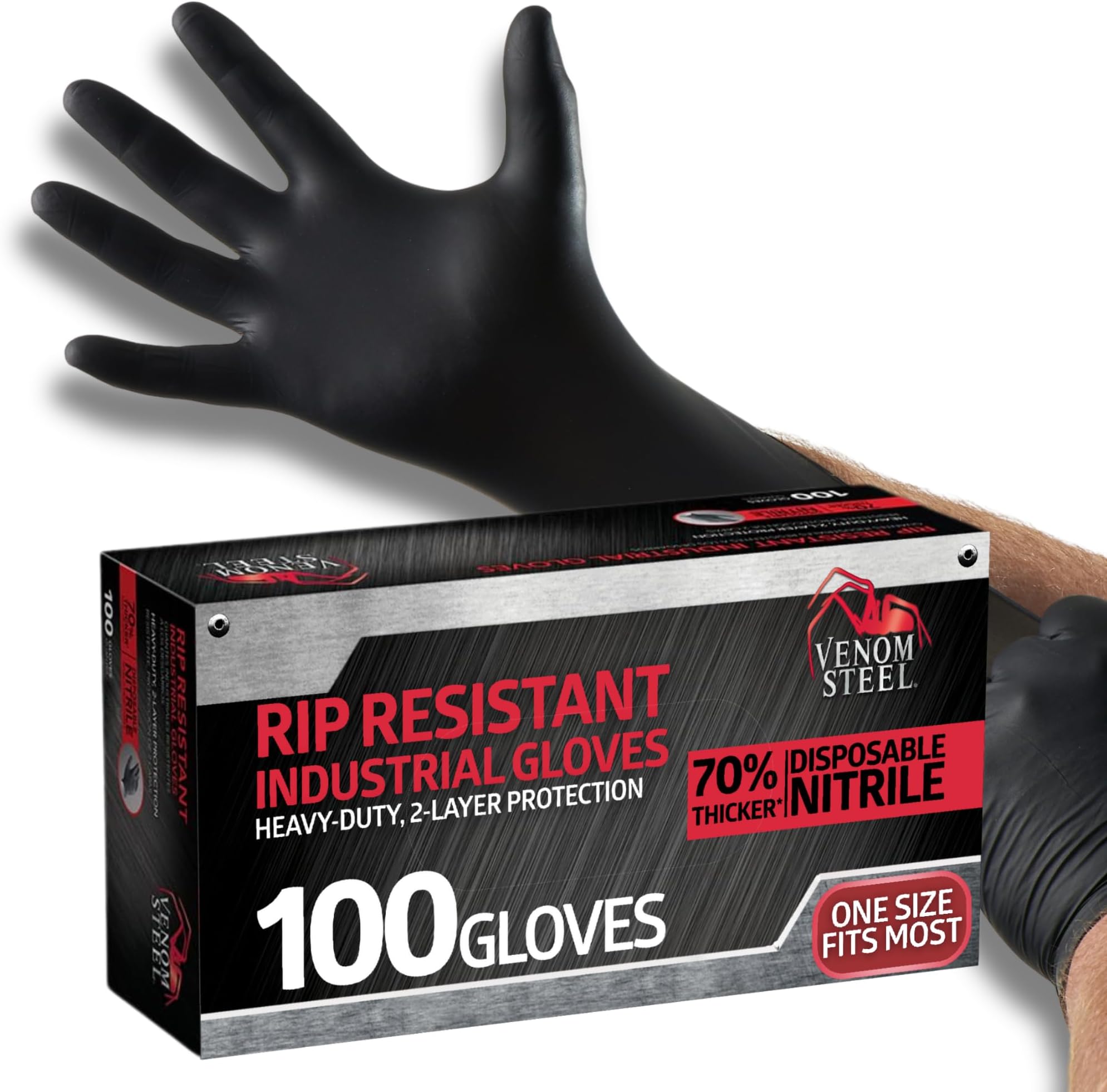 Venom Steel Industrial Nitrile Gloves, 6 mil, 2 Layer Rip Resistant, One Size Fits Most, 100 Count