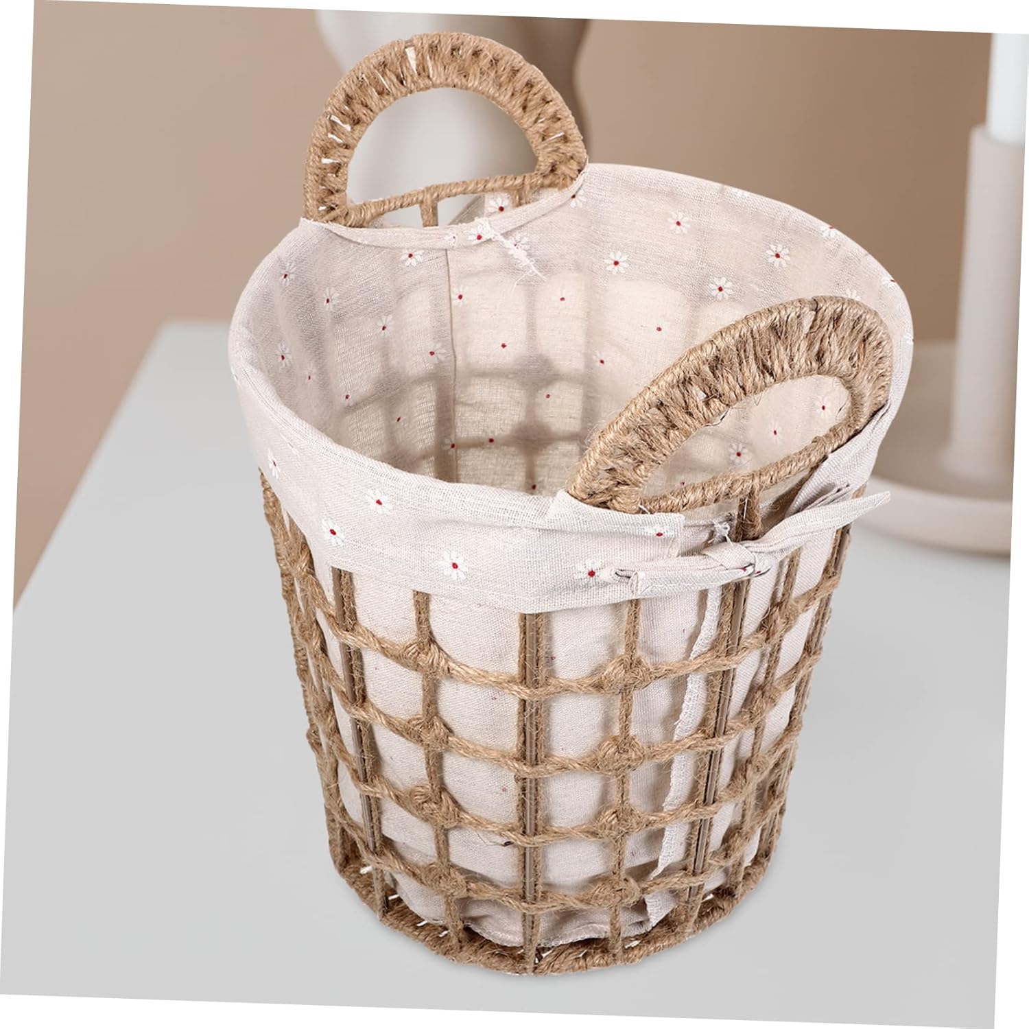 Hand Woven Storage Basket with Liner Rustic Round Organizer Small Size Natural Jute Rope Decorative Home Storage for Sundries for Bedroom Nursery or Office