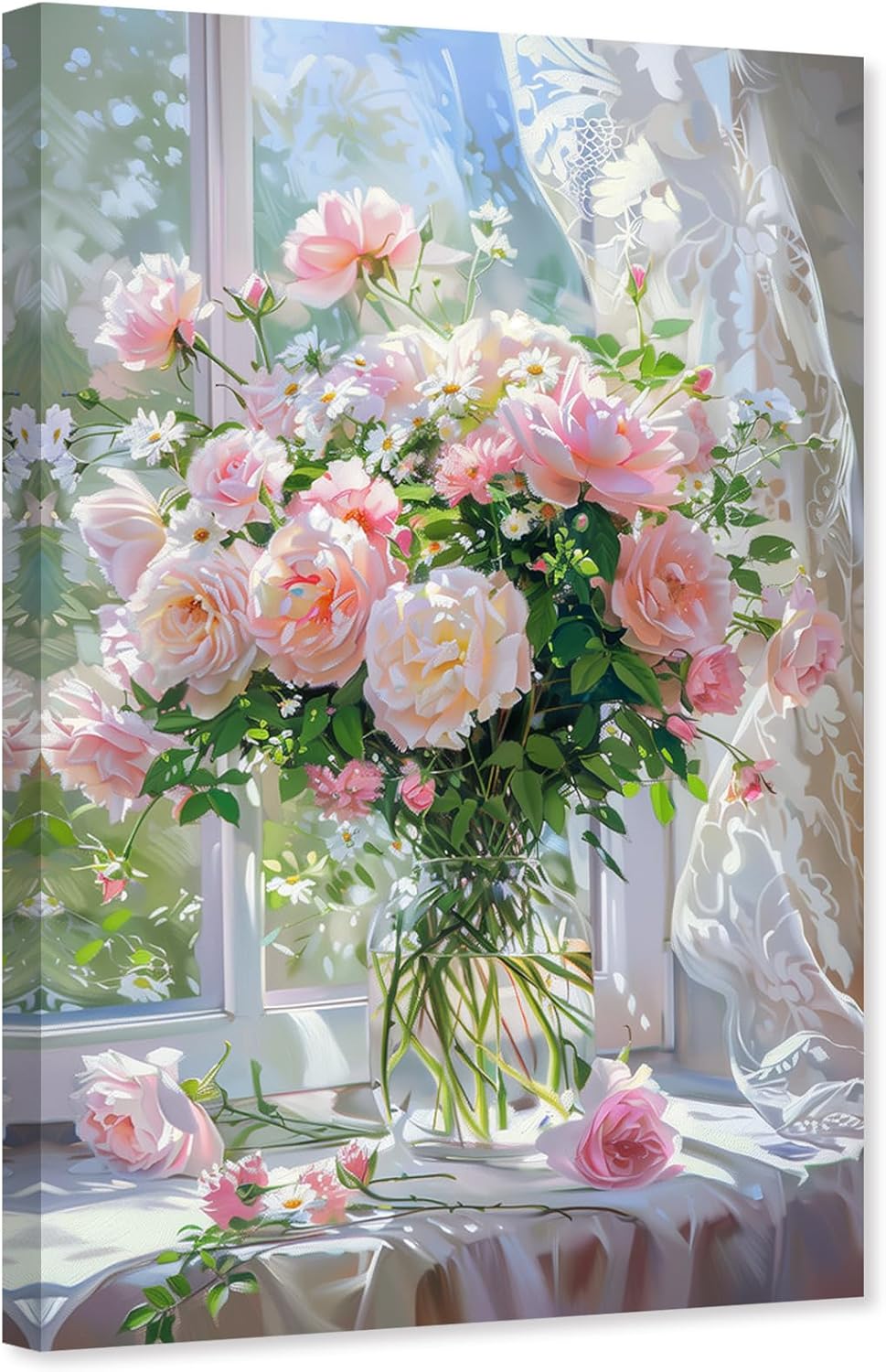 ARTZGX Flower in Vase Canvas Wall Art Pink Rose Pictures Rustic Floral Painting Romantic Poster Print for Bathroom Decor Frame(Green 12.00" x 18.00")
