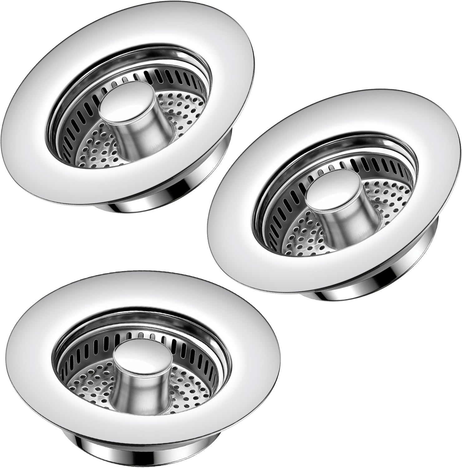 Kitchen Sink Drain Strainer 3 Pack, 304 Stainless Steel Pop Up Sink Stopper, Anti-Clogging Sink Drain Strainer for US Standard Kitchen Drain (Chrome)