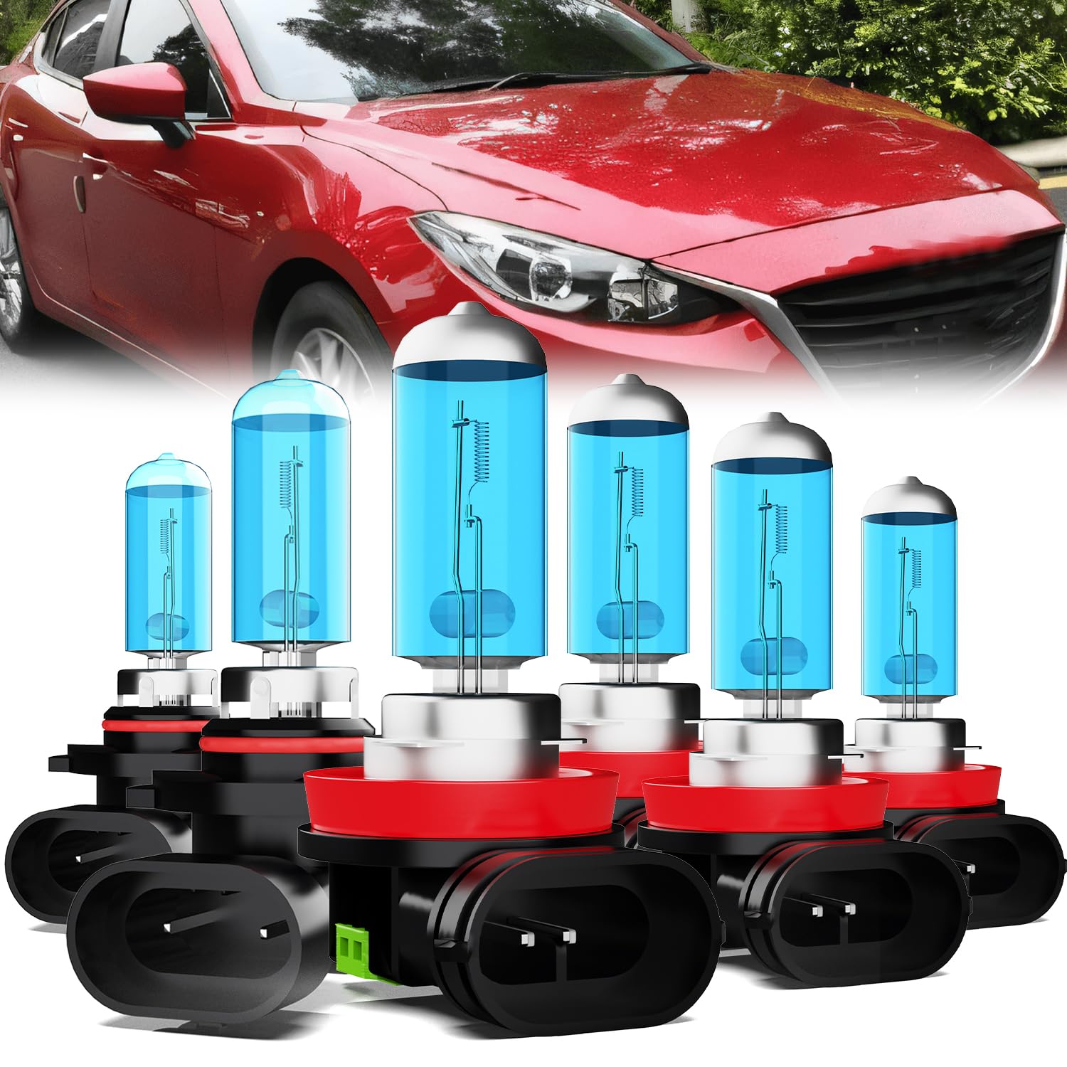 Headlight Bulbs Compatible With Mazda 3 2010-2018, 9005 High Beam + H11 Low Beam + H11 Fog Lights Halogen Light Bulb Combo, Super Bright 6000K White, Plug and Play, Pack of 6