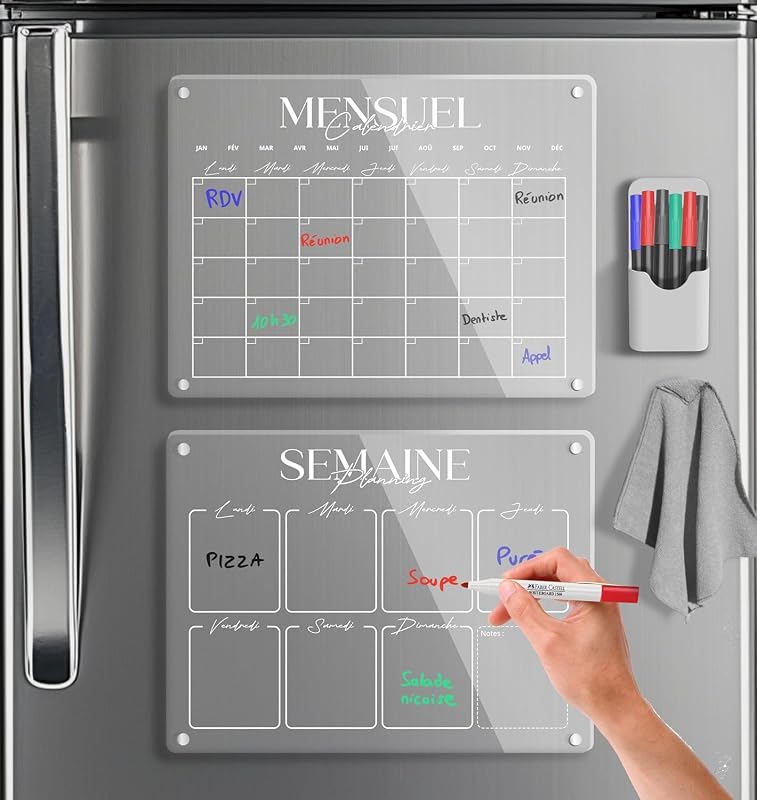 Set 2 Calendar Magnetic Transparent pentru Frigider SKYCROO - Planner Săptămânal și Lunar, Organizator Familial cu Suprafață Ștergibilă