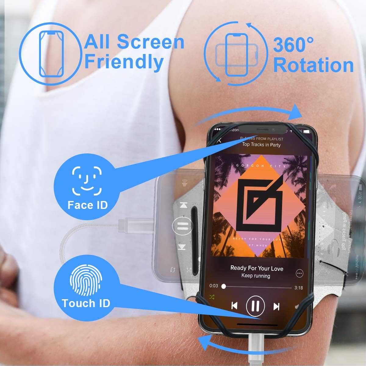 VUP Running Armband [All Screen Friendly, Detachable & 360°Rotatable] for iPhone Xs Max/Xs/XR/8 Plus/7 Plus/6s Plus/6, Galaxy S10 Plus/ S9 Plus/ S8/ A8 Plus, Note 4/5/8/9, Google Pixel 3/2 XL-Silver