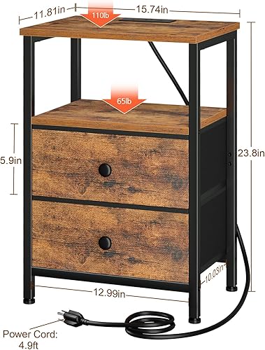 Miniatura 6 de Mesita de noche, mesita de noche con estación de carga, mesa auxiliar con almacenamiento 2 cajones de tela para dormitorio, mesa auxiliar de cama
