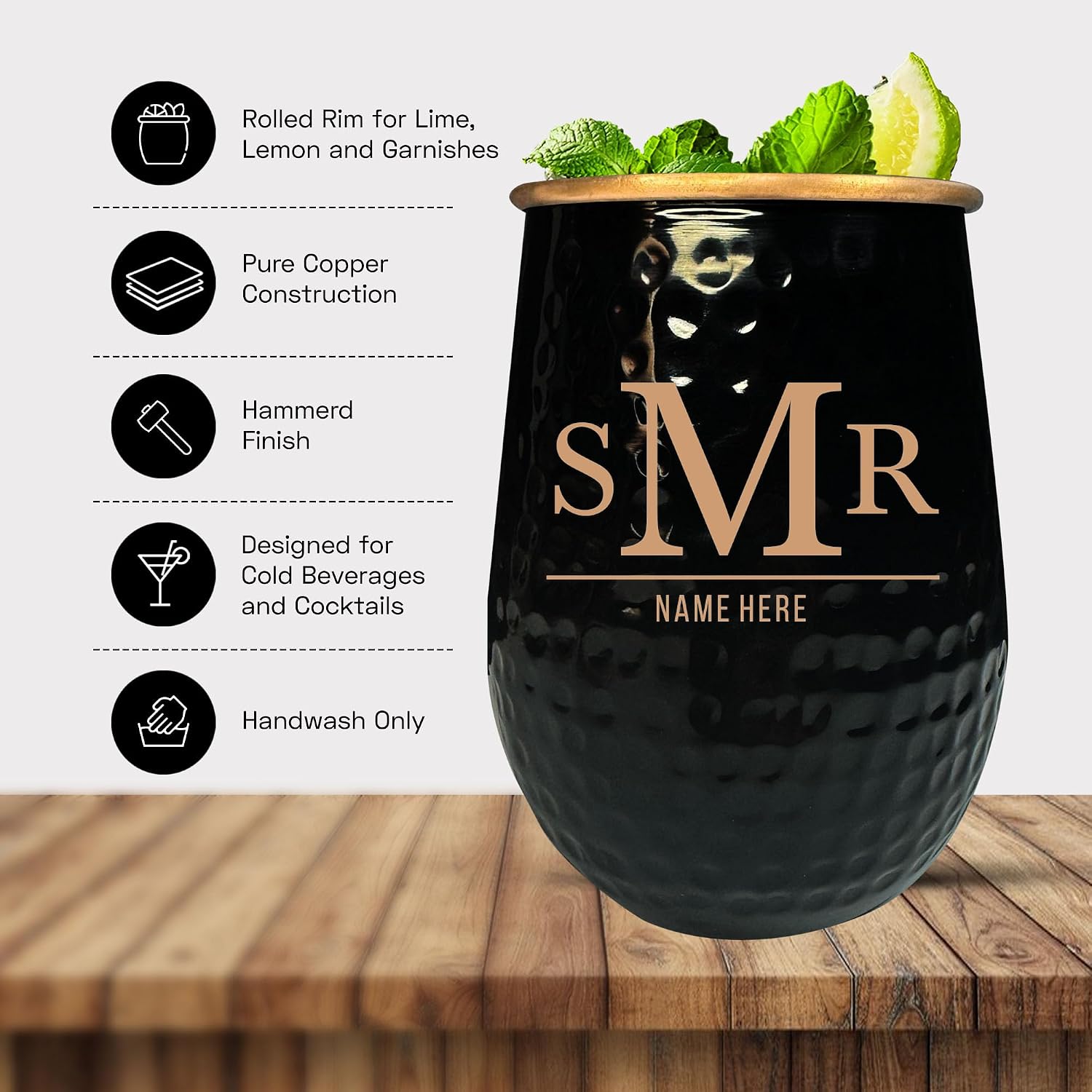 Custom Grip Mule Pure Copper Moscow Mule Mug with Personalized Typography 3 Letters V1 Monogram Theme Engraving for the Palm of Your Hand | Cold Drinks Only | No Handle | 1 Cup | 18 Oz | Black