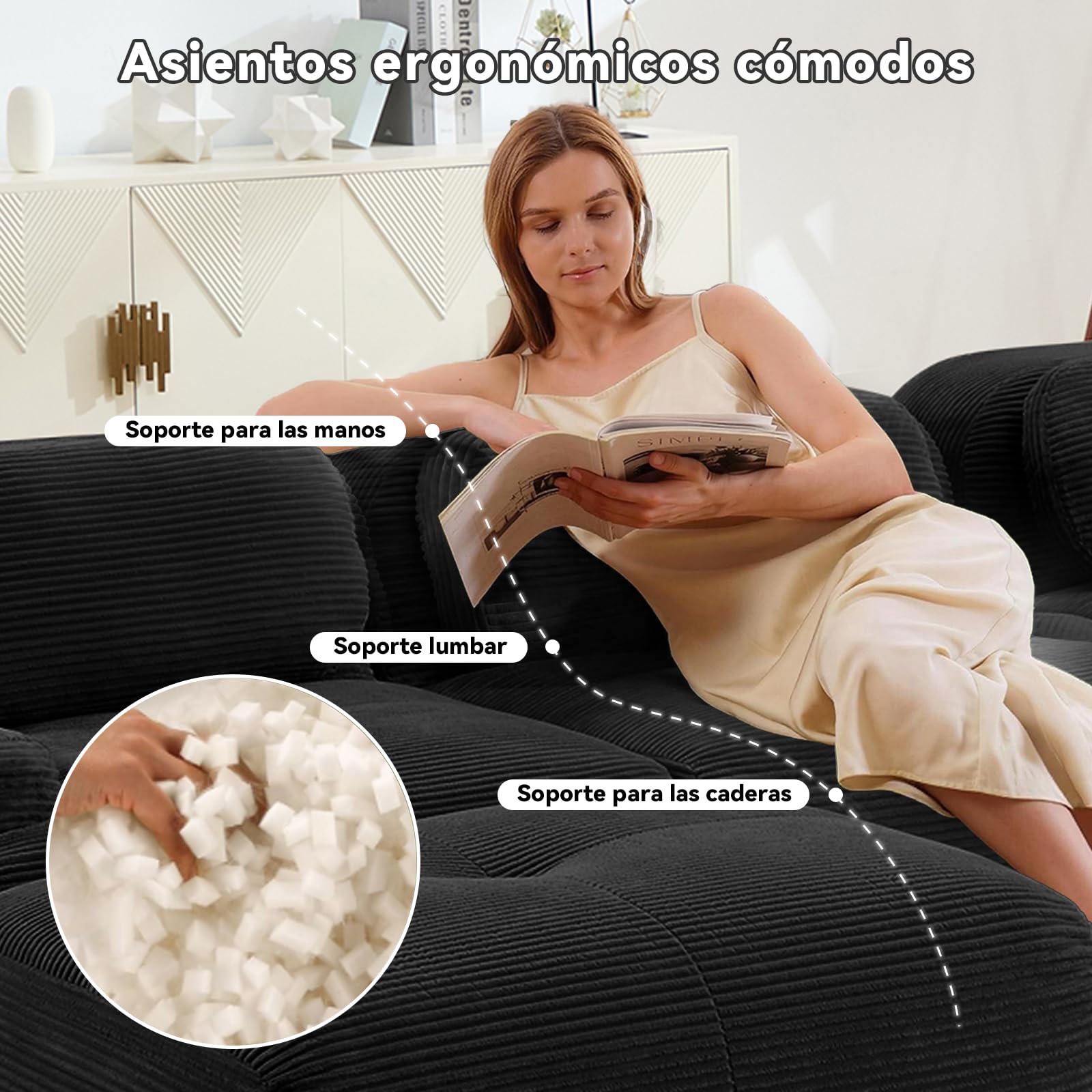 SoarFlash Sofá Moderno Modular, Tela côtelé, Asiento Profundo + reposabrazos Anchos, sin Necesidad de ensamblaje, sofá 2 plazas Tipo L, Negro