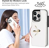 Vista 3 de Folosu Funda compatible con iPhone 15 Pro con soporte para tarjetas, rotación de 360°, soporte de anillo de dedo con función atril, bloqueo RFID