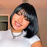 ToyoTress Short Bob Wigs With Bangs - 12 Inch Jet Black Yaki Straight Hair Daily Costume Wig For Black Women, Soft Light Synthetic Hair Replacement Wigs Heat Resistant (12 Inch, 1-612H)