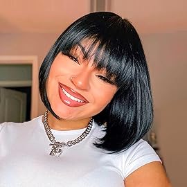ToyoTress Short Bob Wigs With Bangs - 12 Inch Jet Black Yaki Straight Hair Daily Costume Wig For Black Women, Soft Light Synthetic Hair Replacement Wigs Heat Resistant (12 Inch, 1-612H)