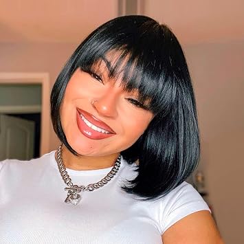 ToyoTress Short Bob Wigs With Bangs - 12 Inch Jet Black Yaki Straight Hair Daily Costume Wig For Black Women, Soft Light Synthetic Hair Replacement Wigs Heat Resistant 12 Inch, #1-612H