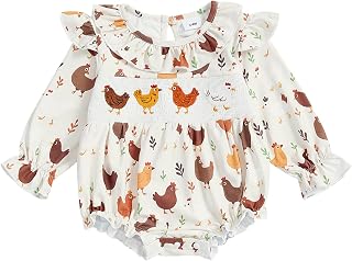 Newborn Baby Girl Fall Outfit Floral Chicken Embroidered Long Sleeve Smocked Bodysuit Bubble Romper Farm Overall 0-18M