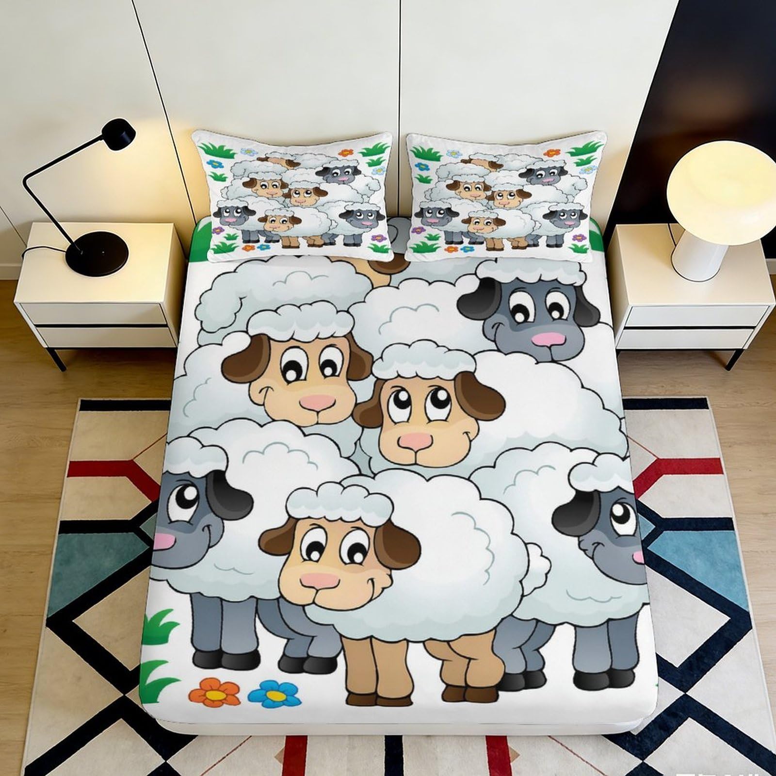 3D Printed Cartoon Sheep Fitted Sheet Microfiber Non Slip Bed Cover, Cute Animal Pattern Mattress Protection Decor, Easy Care for Bedroom Guest Room 90x200x25cm