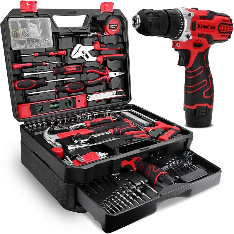 KingTool 276-Piece Tool Set Kit with 12V Cordless Power Drill (Red Black) | Professional tool kit with storage case for homeowners, DIY and handymen; ideal for home repairs, assembly and maintenance.
