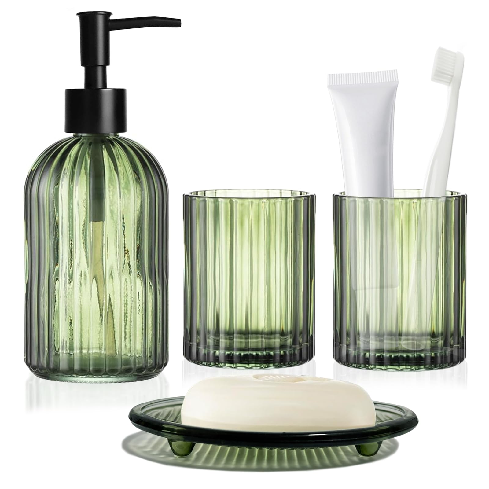 Set di accessori da bagno verde, set completo di vetro trasparente, composto da dispenser di sapone, portaspazzolino, bicchiere per sciacquone e portasapone per decorazione bagno e organizzatore