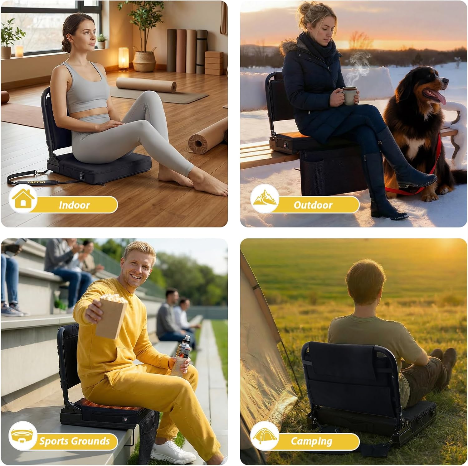 Heated Stadium Seat with Back Support Foldable Bleach Chair,Portable 90-180 °Angle and Adjustable Height Recliner and Thick Cushion,Used for Sports Events & Concerts Includes Shoulder Strap(Heatable)